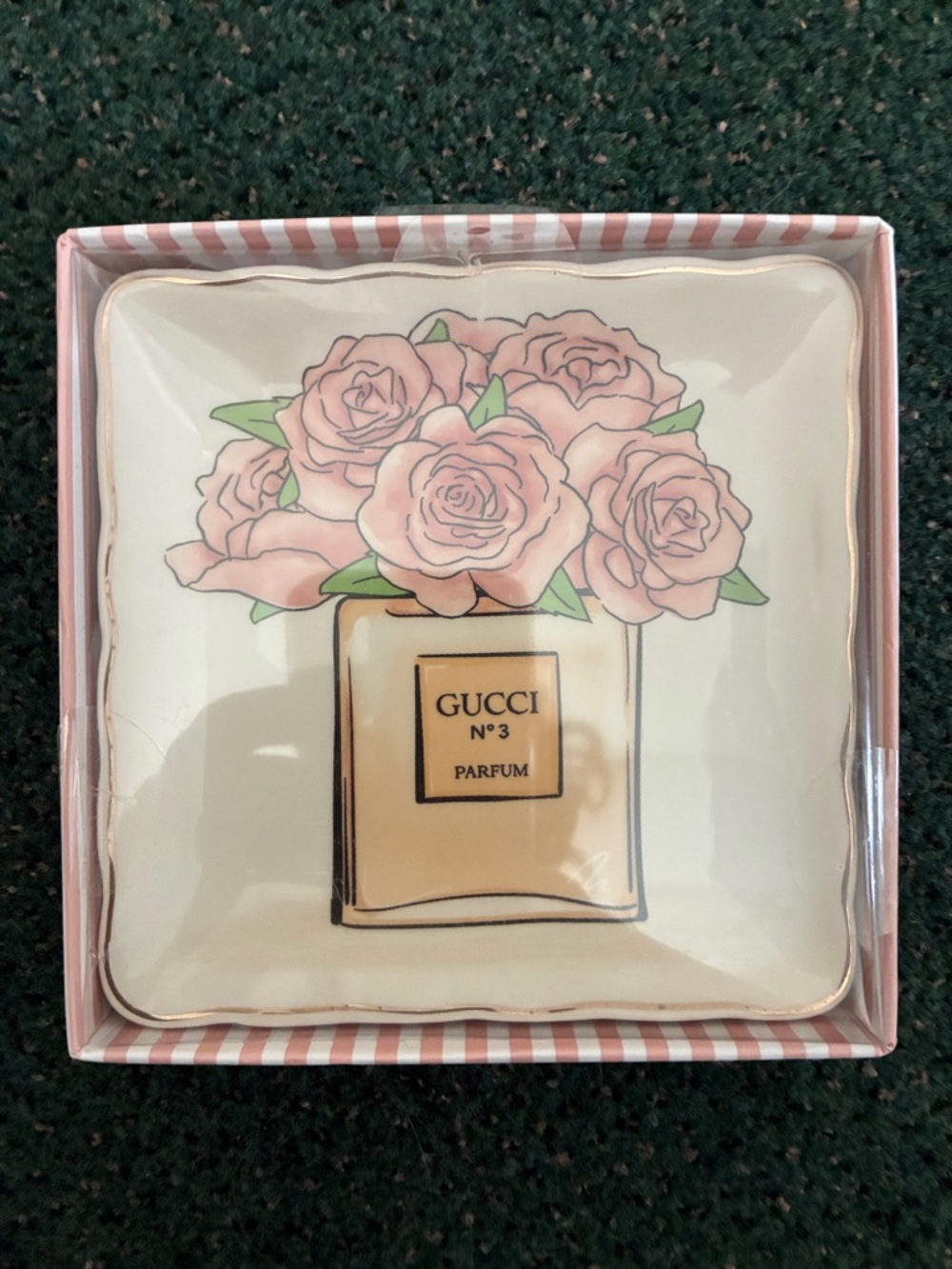 Ceramic Trinket Dish with Pink Roses and Gold Bottle